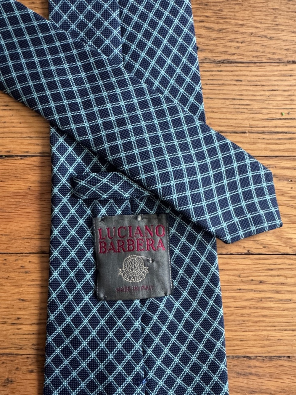 Luciano Barbera Silk Tie Navy Teal Windowpane Grid Made in Italy